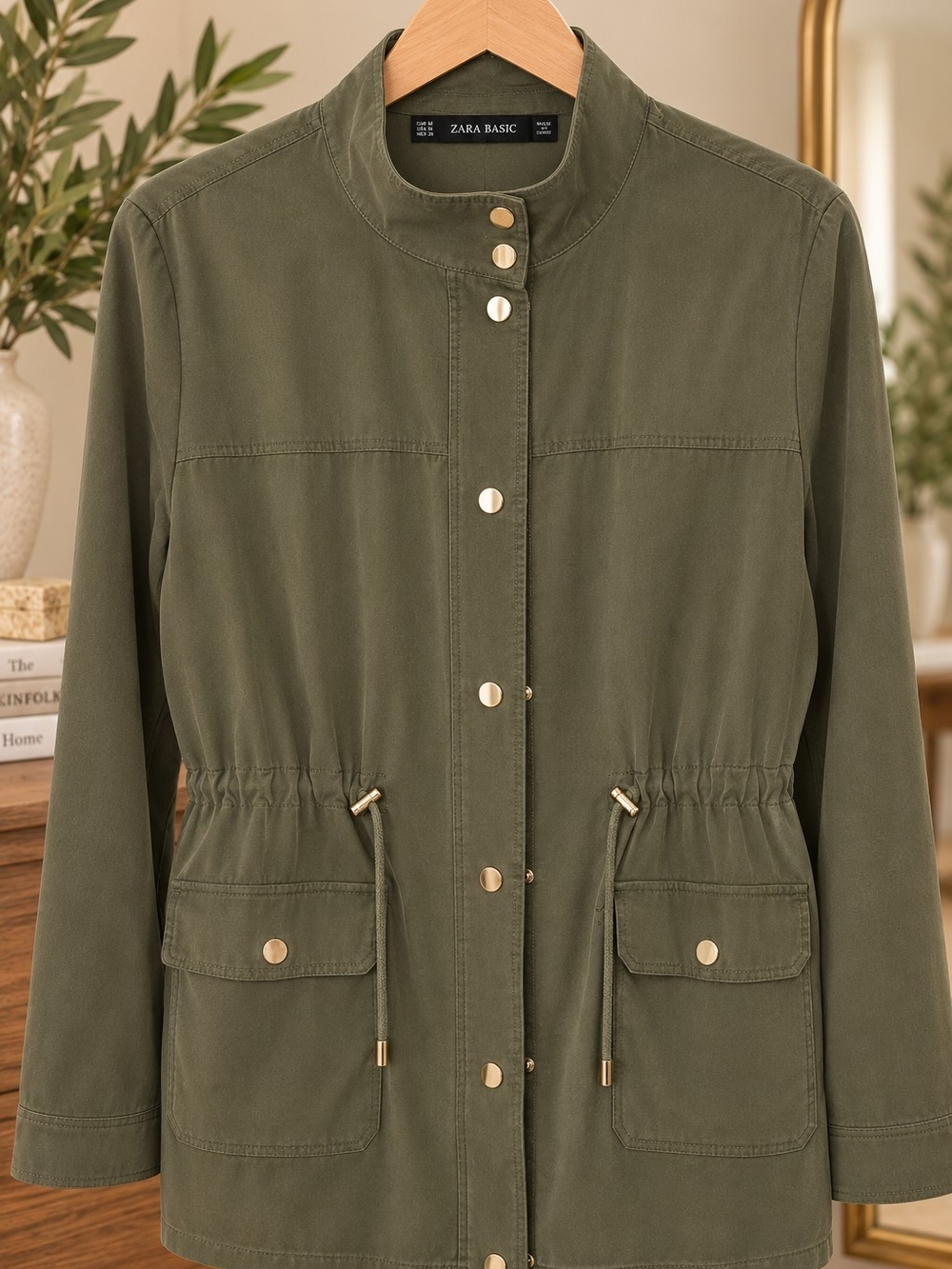 Zara Olive Utility Jacket with Gold-Tone Snaps